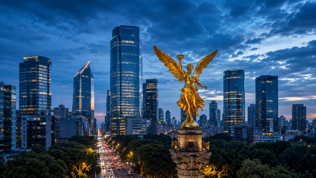Ciudad de México al anochecer, imagen editorial de JABRI INSIGHTS 0043 sobre adopción de inteligencia artificial y transformación empresarial.